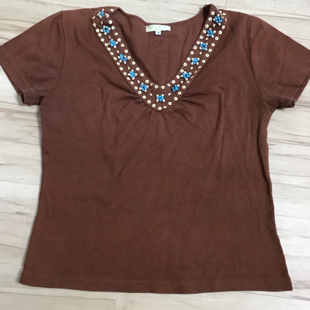 Tropical Summer Original Rust Brown Embellished Turquoise Bead Sequin V-Neck Tee